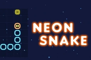 Chữ NEON SNAKE phát sáng trên nền màu tối với hình ảnh con rắn neon xanh lam hình ô vuông trên lưới
