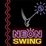 Biểu đồ neon với đường lượn sóng đỏ bên trái, một bàn tay cầm dây, và chữ NEON SWING sáng đèn ở phía dưới