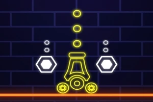 Các hình dạng neon với các vòng tròn, lục giác và đường nét nổi bật trên nền gạch màu xanh đậm