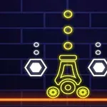 Các hình dạng neon với các vòng tròn, lục giác và đường nét nổi bật trên nền gạch màu xanh đậm