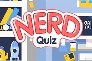Chữ NERD Quiz nổi bật ở giữa, bên cạnh là hình ảnh kệ sách với tên lửa, bảng Game Over và máy chơi game cầm tay màu vàng
