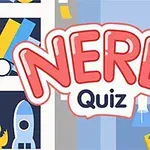 Chữ NERD Quiz nổi bật ở giữa, bên cạnh là hình ảnh kệ sách với tên lửa, bảng Game Over và máy chơi game cầm tay màu vàng