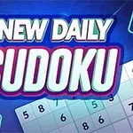 Chữ New Daily Sudoku trên nền xanh lam với các ô số trắng và xanh