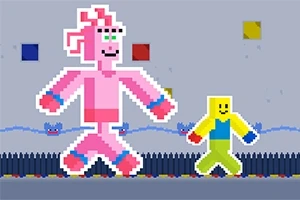 Hình ảnh pixel với hai nhân vật hình người, một màu hồng và một màu vàng, đang di chuyển trên nền xám với các viên gạch màu