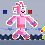 Hình ảnh pixel với hai nhân vật hình người, một màu hồng và một màu vàng, đang di chuyển trên nền xám với các viên gạch màu