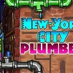 Tiêu đề New York City Plumber được hiển thị trên nền tường gạch với hình ảnh ống nước xung quanh