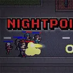 Trò chơi đồ họa pixel hiển thị nhân vật đang bắn súng trên đường với nhóm người phía trước