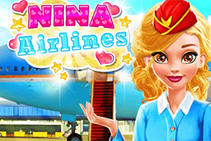 Tiếp viên hàng không hoạt hình đứng trước máy bay với logo đầy màu sắc Nina Airlines