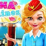 Tiếp viên hàng không hoạt hình đứng trước máy bay với logo đầy màu sắc Nina Airlines