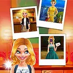 Hình ảnh một cô gái tóc vàng đứng phía trước với ba bức ảnh chụp khác nhau treo trên tường nền màu cam