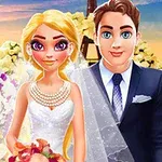 Cô dâu và chú rể cười tươi đứng cạnh nhau, mặc trang phục cưới sang trọng với nền hoa và hoàng hôn rực rỡ