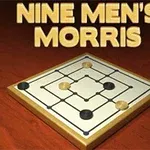 Bàn cờ với các quân cờ đen và trắng trên nền gỗ, với chữ NINE MENS MORRIS phía trên