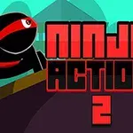 Một ninja với khăn buộc đầu đỏ và chữ Ninja Action 2 nổi bật trên nền xanh lá cây