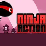 Ninja mặc đồ đen với dải đỏ đang nhảy qua các ngôi nhà nhỏ dưới ánh trăng và nền trời hồng, bên cạnh chữ Ninja Action