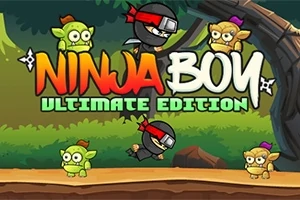 Hình ảnh có một ninja đang nhảy giữa ba yêu tinh nhỏ màu xanh và vàng trong rừng, với dòng chữ Ninja Boy Ultimate Edition nổi bật