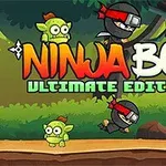Hình ảnh có một ninja đang nhảy giữa ba yêu tinh nhỏ màu xanh và vàng trong rừng, với dòng chữ Ninja Boy Ultimate Edition nổi bật