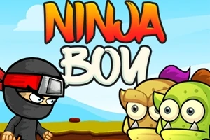 Nhân vật ninja đối diện với hai sinh vật quái vật dễ thương trên nền trời xanh, với chữ Ninja Boy phía trên