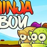 Nhân vật ninja đối diện với hai sinh vật quái vật dễ thương trên nền trời xanh, với chữ Ninja Boy phía trên