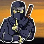 Hình ảnh một ninja trong trang phục đen với kiếm trên lưng, tay làm động tác giữ im lặng
