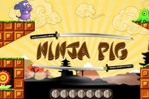 Hình ảnh thể hiện một chú heo màu tím đứng trên nền gạch với thanh kiếm katana, chữ NINJA PIG ở giữa và nền trời vàng có mây