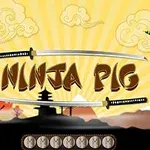 Hình ảnh thể hiện một chú heo màu tím đứng trên nền gạch với thanh kiếm katana, chữ NINJA PIG ở giữa và nền trời vàng có mây