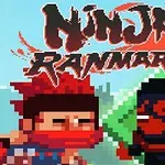 Hai nhân vật pixel nghệ thuật đối đầu nhau với nền trời xanh và chữ Ninja Ranmaru ở phía trên
