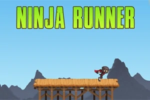 Một ninja đang chạy trên cây cầu gỗ với nền trời xanh và núi non, cùng dòng chữ NINJA RUNNER lớn ở phía trên