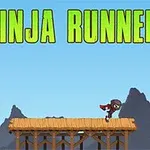 Một ninja đang chạy trên cây cầu gỗ với nền trời xanh và núi non, cùng dòng chữ NINJA RUNNER lớn ở phía trên
