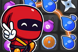 Một ninja nhỏ đội mũ trùm đỏ đang giơ hai ngón tay chào hiệu, cùng với hàng loạt biểu tượng nước xanh lục và các vật phẩm khác nhau trên nền