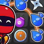 Một ninja nhỏ đội mũ trùm đỏ đang giơ hai ngón tay chào hiệu, cùng với hàng loạt biểu tượng nước xanh lục và các vật phẩm khác nhau trên nền