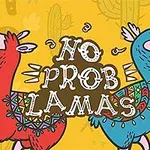 Hai con lạc đà không bướu đầy màu sắc, một con đỏ và một con xanh, với dòng chữ NO PROB LLAMAS trên nền màu vàng