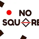 Chữ NO SQUARES trên nền trắng với các hình vuông màu nâu và hình tròn đỏ xung quanh