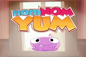 Chữ nom NOM YUM nổi bật phía trên một sinh vật nhỏ màu tím với đôi mắt to