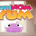 Chữ nom NOM YUM nổi bật phía trên một sinh vật nhỏ màu tím với đôi mắt to