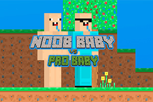 Hai nhân vật vuông pixel đứng cạnh nhau với dòng chữ Noob Baby vs Pro Baby xuất hiện phía trước, nền có cây và hoa