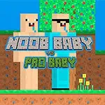 Hai nhân vật vuông pixel đứng cạnh nhau với dòng chữ Noob Baby vs Pro Baby xuất hiện phía trước, nền có cây và hoa