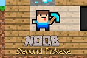 Hình ảnh một nhân vật hoạt hình pixel cầm cuốc chim xanh đứng trước khung gỗ với chữ NOOB Diamond Pickaxe bên dưới