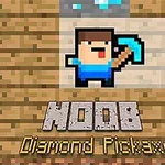 Hình ảnh một nhân vật hoạt hình pixel cầm cuốc chim xanh đứng trước khung gỗ với chữ NOOB Diamond Pickaxe bên dưới