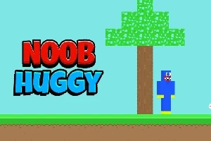 Nhân vật hình vuông màu xanh bên cạnh cây, với chữ Noob Huggy nổi bật
