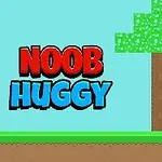 Nhân vật hình vuông màu xanh bên cạnh cây, với chữ Noob Huggy nổi bật
