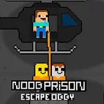 Nhân vật pixel đứng dưới máy bay trực thăng với dòng chữ Noob Prison Escape Oggy phía dưới