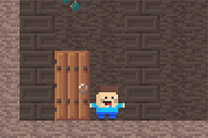 Một nhân vật đồ họa pixel đứng cạnh cánh cửa gỗ trên nền tường gạch màu nâu