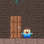 Một nhân vật đồ họa pixel đứng cạnh cánh cửa gỗ trên nền tường gạch màu nâu