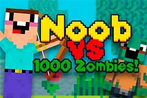Hình ảnh một nhân vật hoạt hình với cung tên và một zombie hoạt hình bên cạnh dòng chữ Noob vs 1000 Zombies!