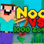Hình ảnh một nhân vật hoạt hình với cung tên và một zombie hoạt hình bên cạnh dòng chữ Noob vs 1000 Zombies!