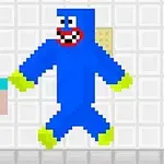 Nhân vật pixel màu xanh dương với khuôn mặt cười đứng cạnh một nhân vật nhỏ hơn mặc áo xanh và quần tím trong nền gạch trắng