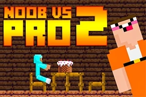 Hình ảnh có nhân vật hình khối màu cam và dòng chữ Noob vs Pro 2 lớn trên nền gạch, với một nhân vật khác đang ngồi trên bàn có bánh kem