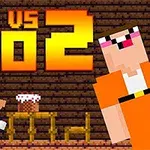 Hình ảnh có nhân vật hình khối màu cam và dòng chữ Noob vs Pro 2 lớn trên nền gạch, với một nhân vật khác đang ngồi trên bàn có bánh kem
