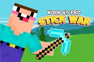 Nhân vật hoạt hình phong cách pixel đang cầm một cây cuốc trong môi trường xanh, với chữ nổi bật Noob vs Pro Stick War