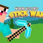Nhân vật hoạt hình phong cách pixel đang cầm một cây cuốc trong môi trường xanh, với chữ nổi bật Noob vs Pro Stick War